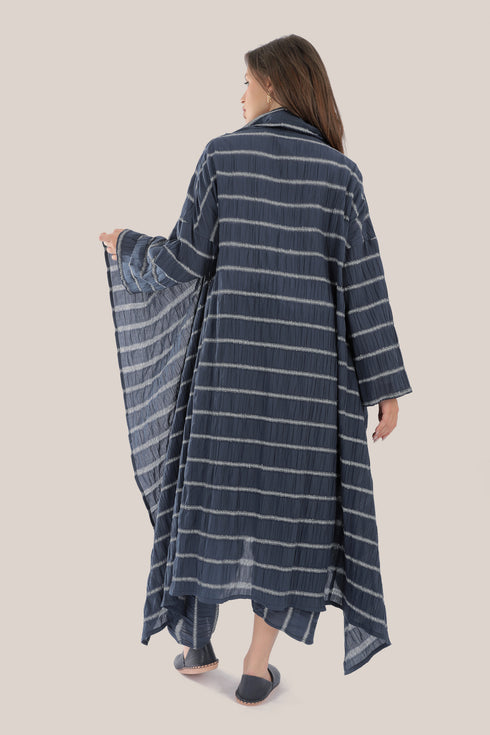 Striped coat with draped collar and long sleeves